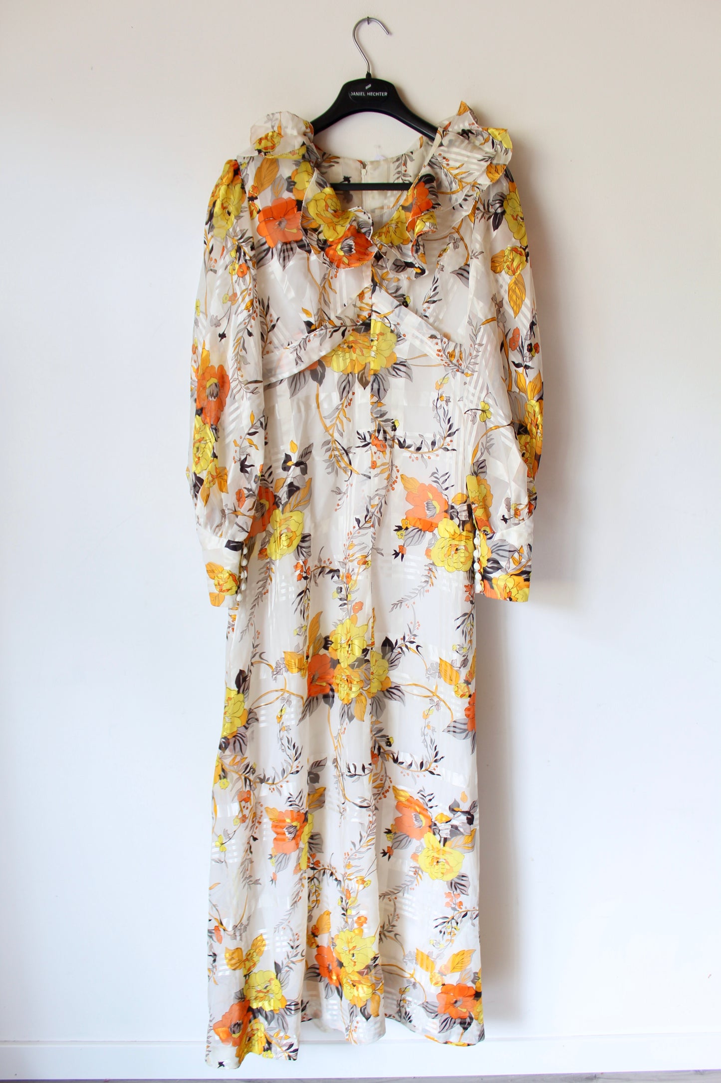 Robe longue vintage bohème été années 70 blanche fleuris orange la friperie vintage 25