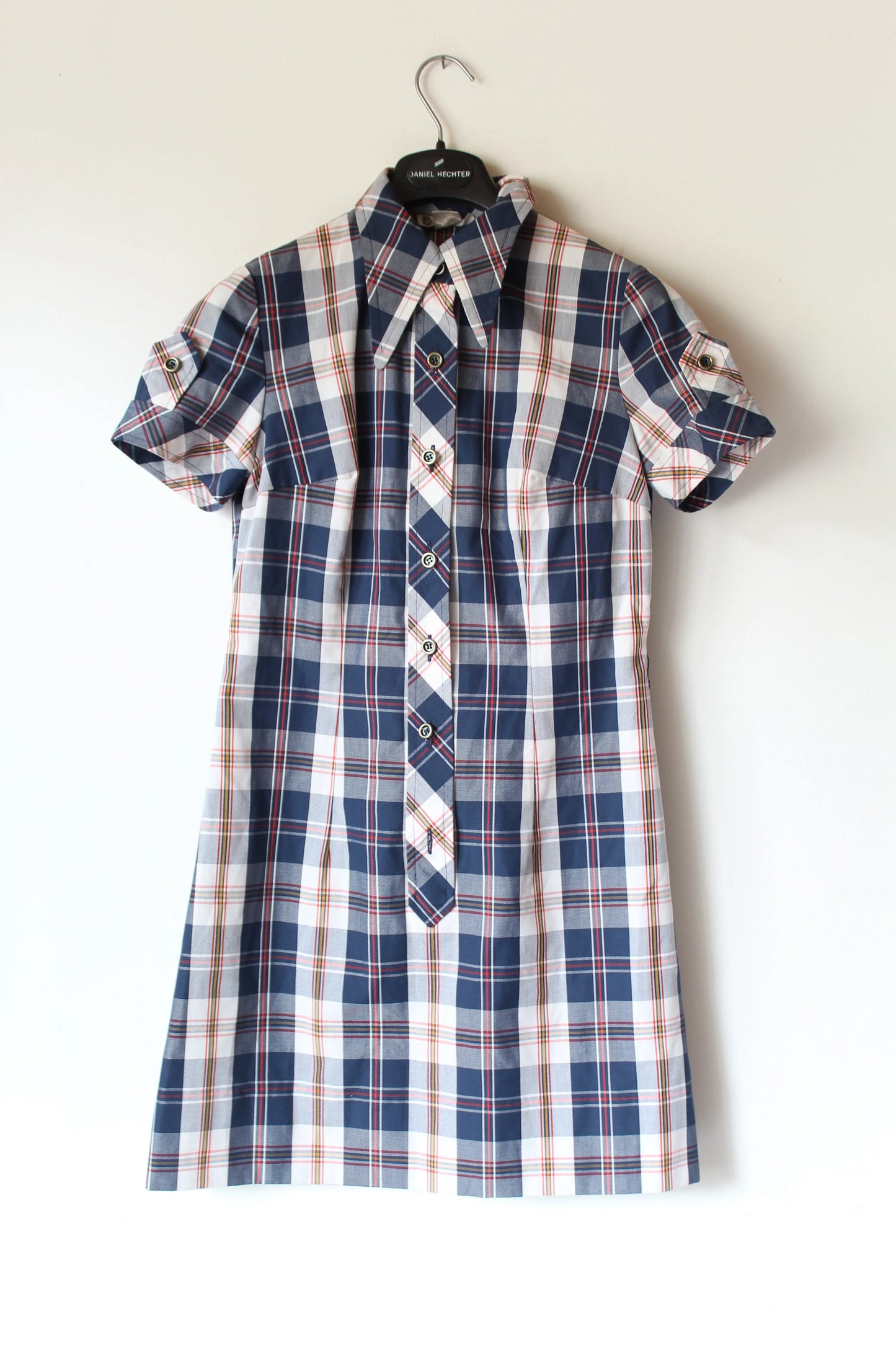 Robe chemise vintage à carreaux bleu marine blanc manches courtes