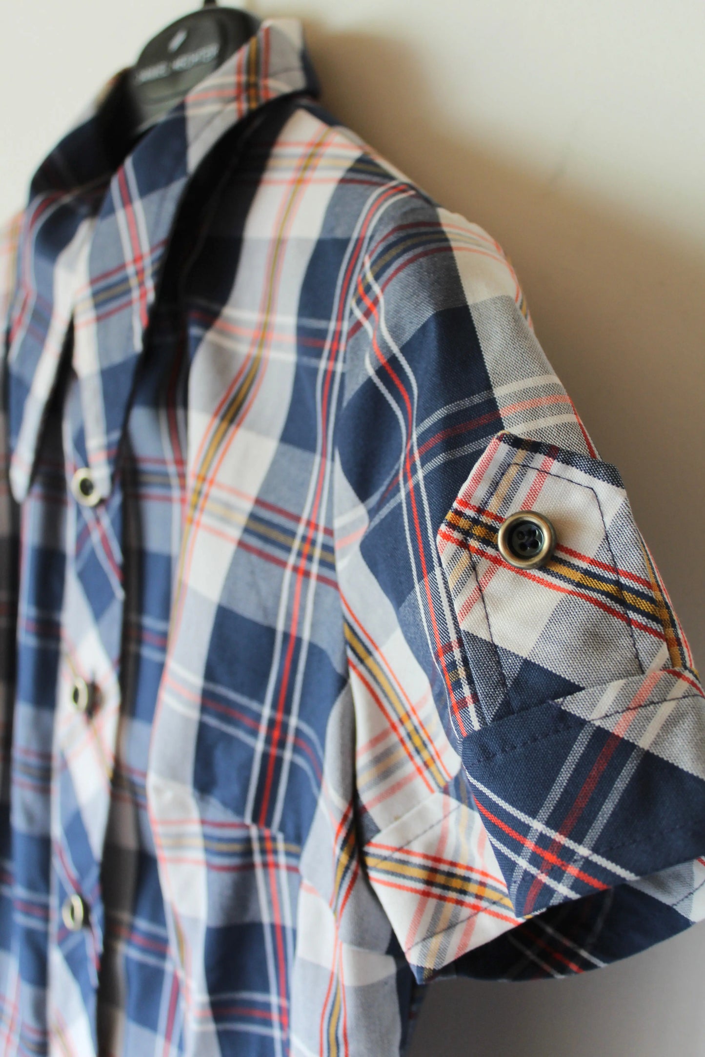 Robe chemise vintage à carreaux bleu marine blanc manches courtes