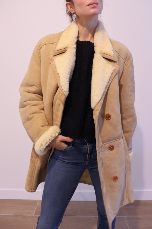 Manteau peau lainée vintage camel beige la friperie vintage 25