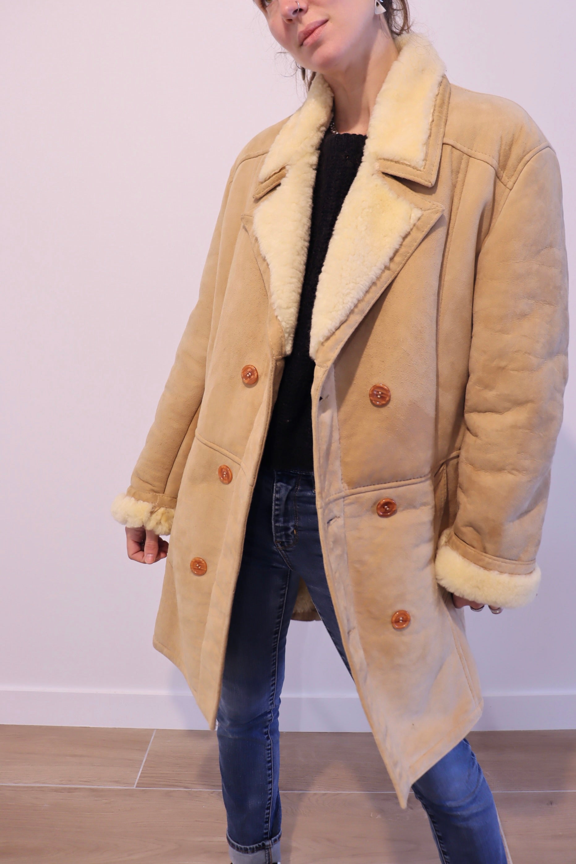Manteau peau lainée vintage camel beige la friperie vintage 25
