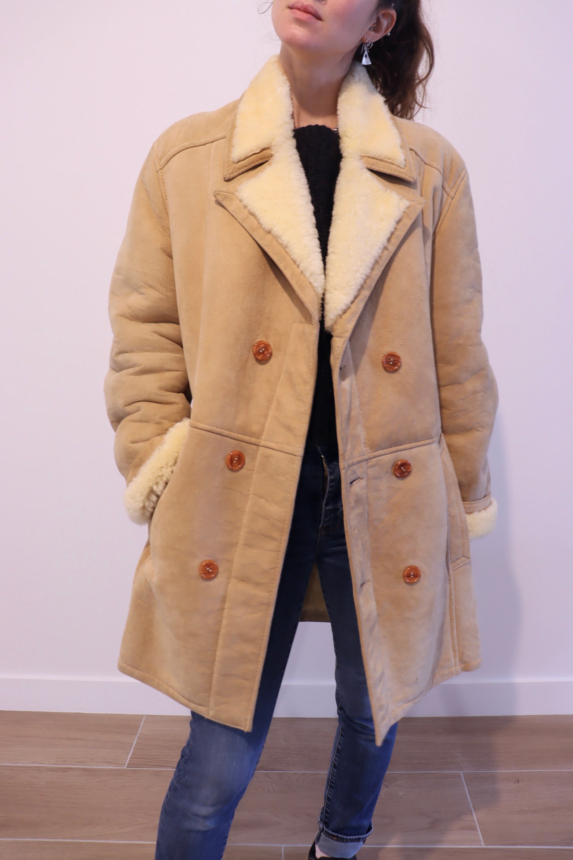 Manteau peau lainée vintage camel beige la friperie vintage 25