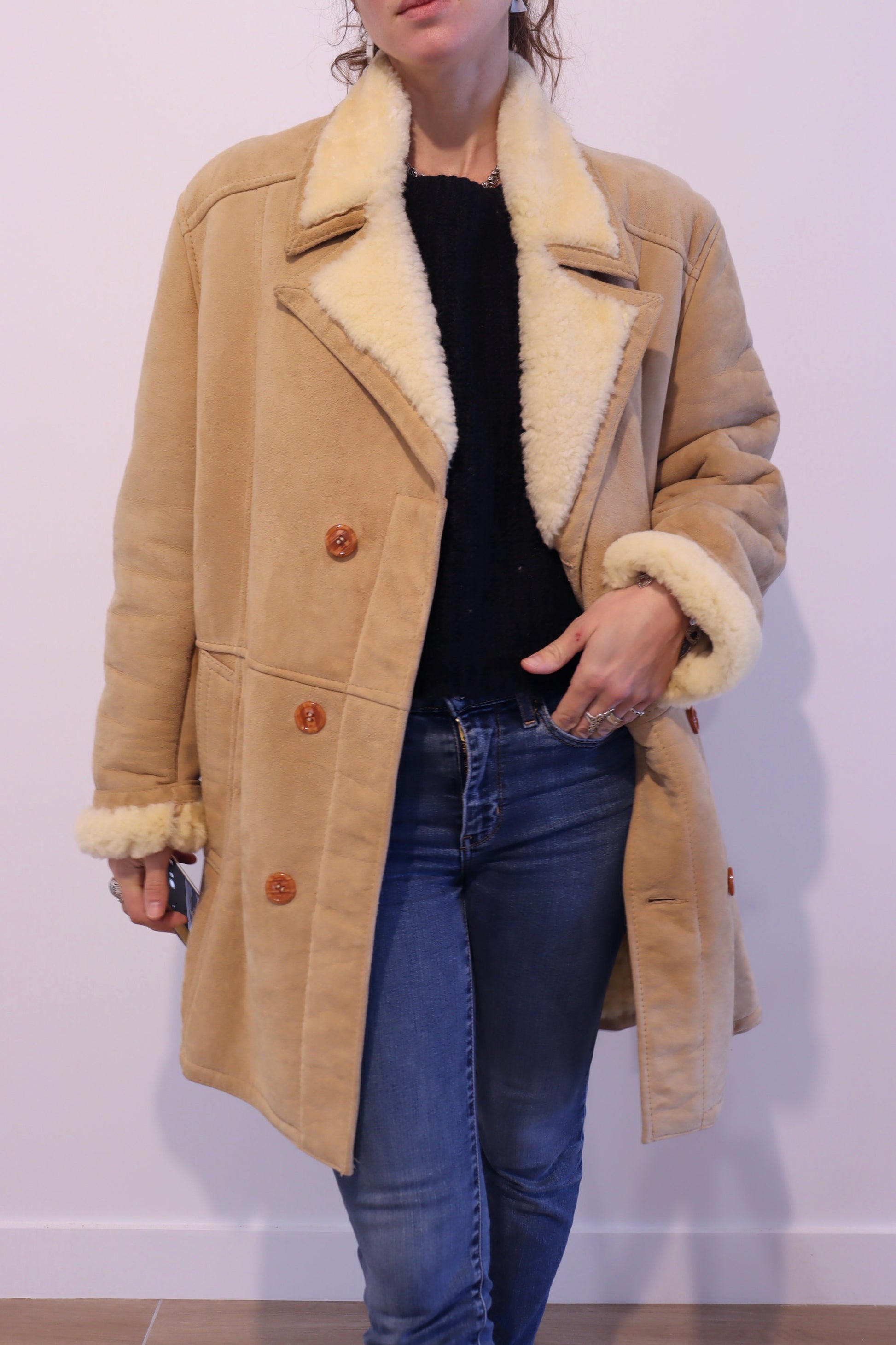 Manteau peau lainée vintage camel beige la friperie vintage 25