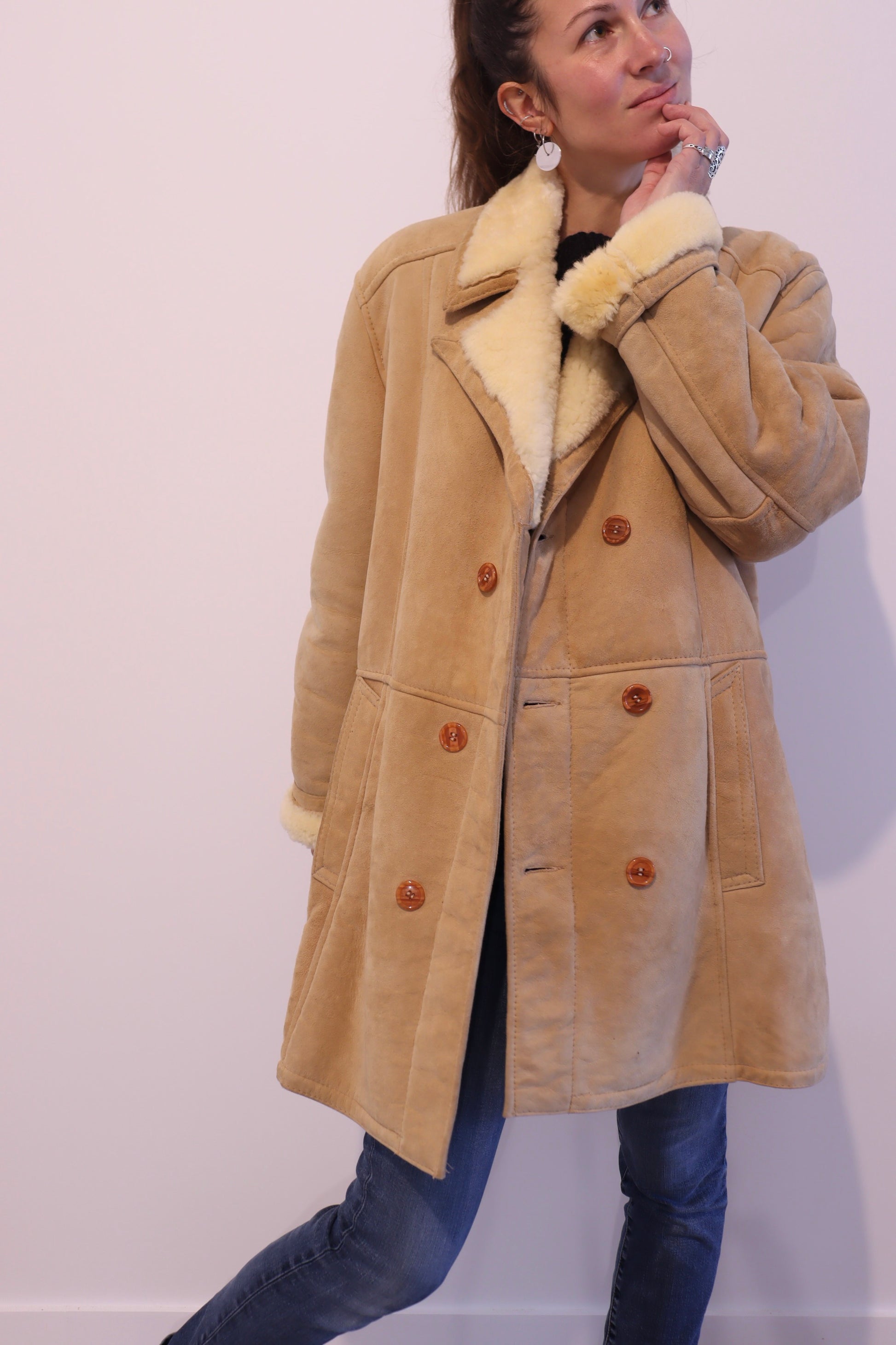 Manteau peau lainée vintage camel beige la friperie vintage 25