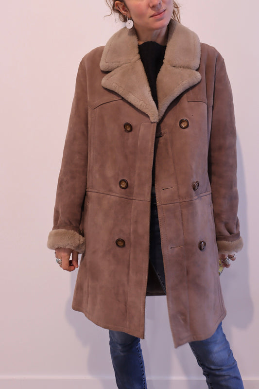 Manteau peau lainée vintage marron chocolat la friperie vintage 25