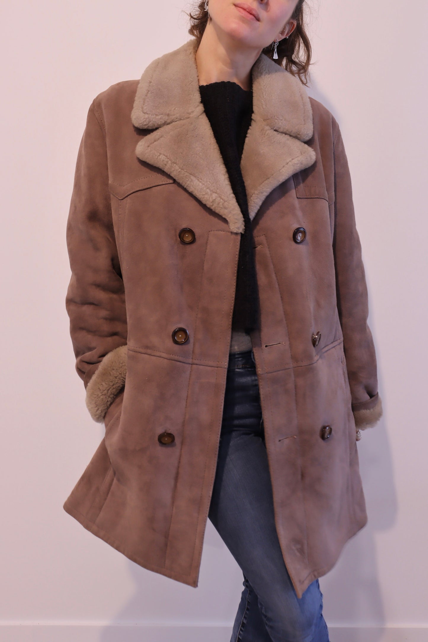 Manteau peau lainée vintage marron chocolat la friperie vintage 25