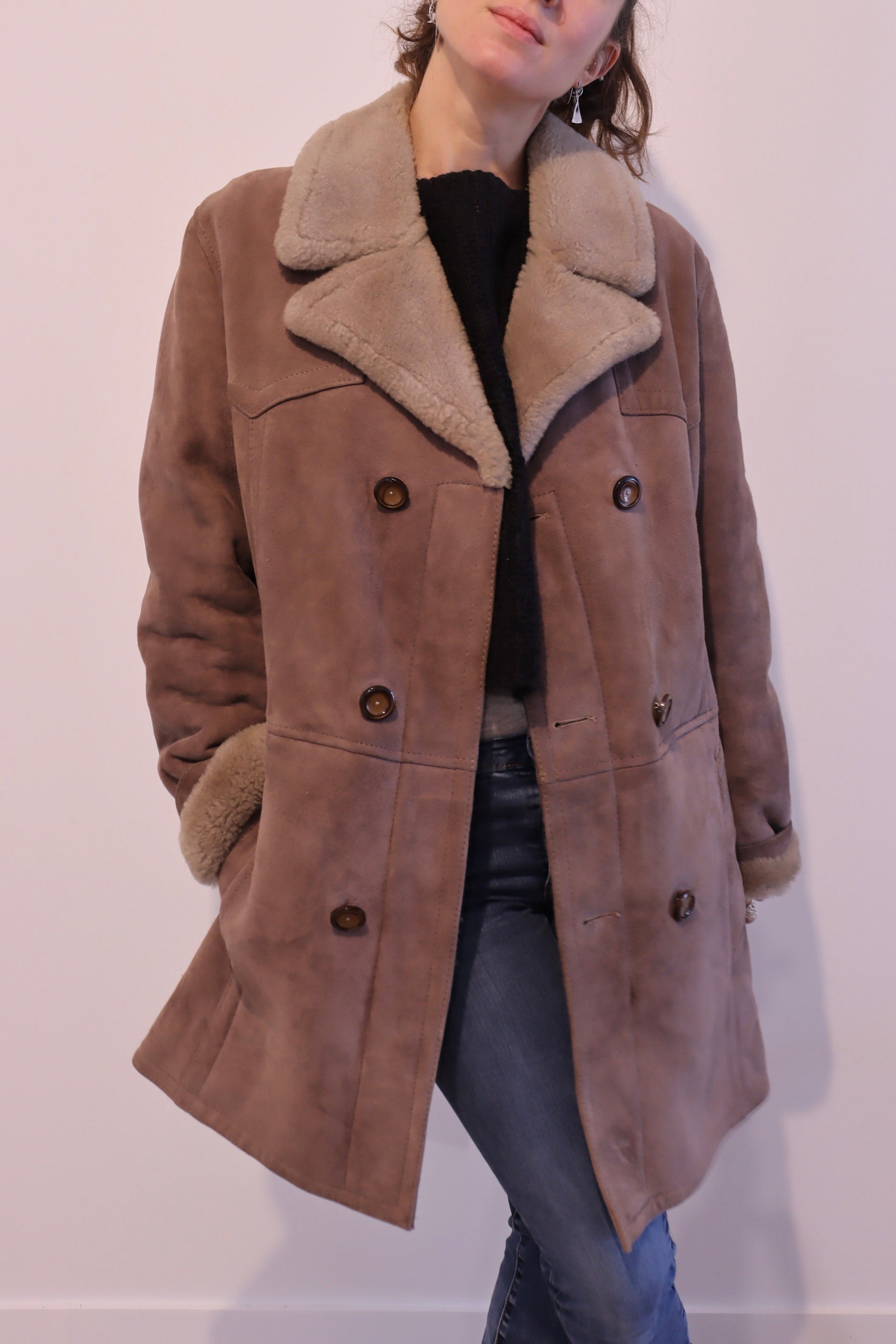 Manteau peau lainée vintage marron chocolat la friperie vintage 25