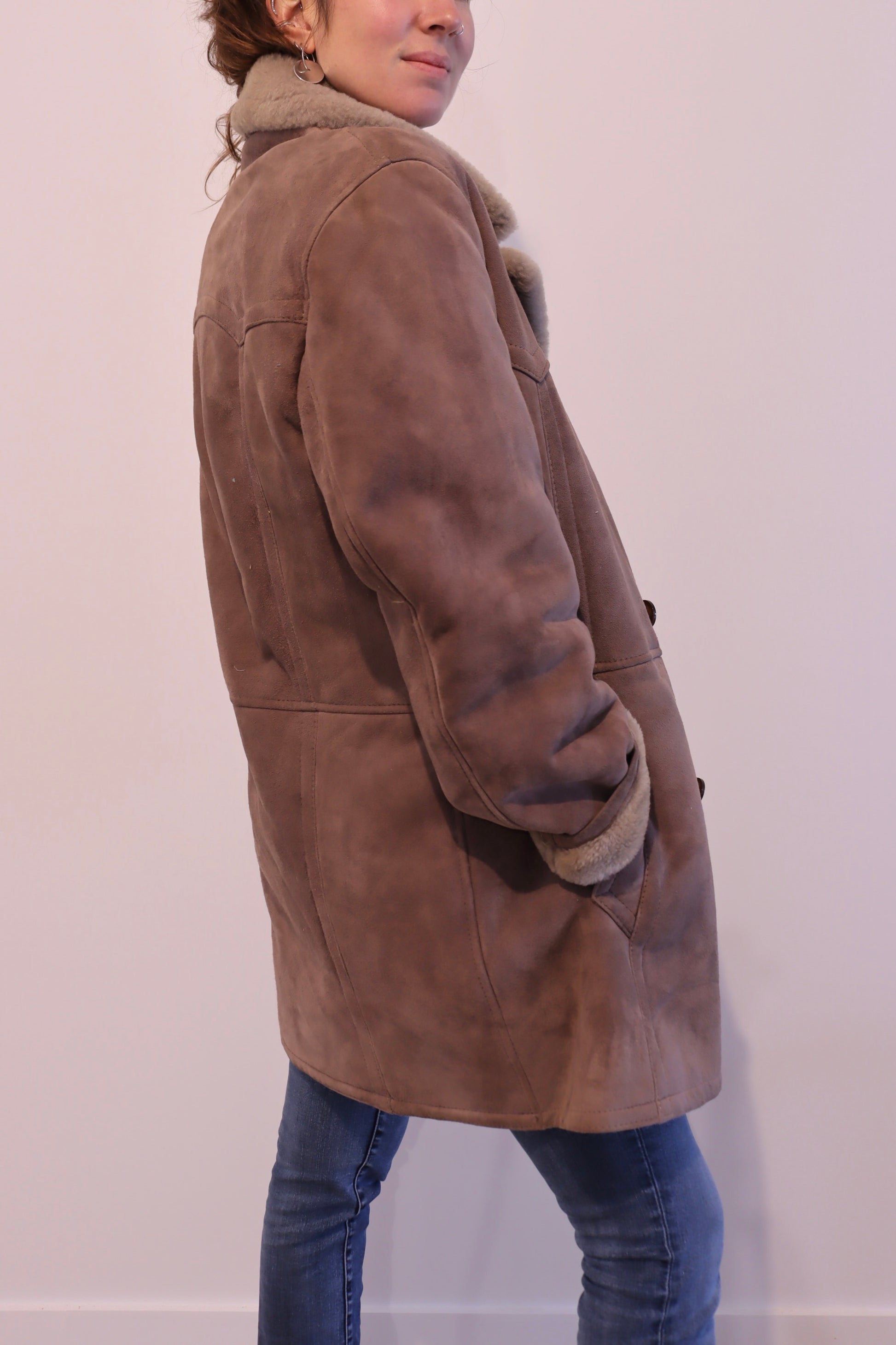 Manteau peau lainée vintage marron chocolat la friperie vintage 25