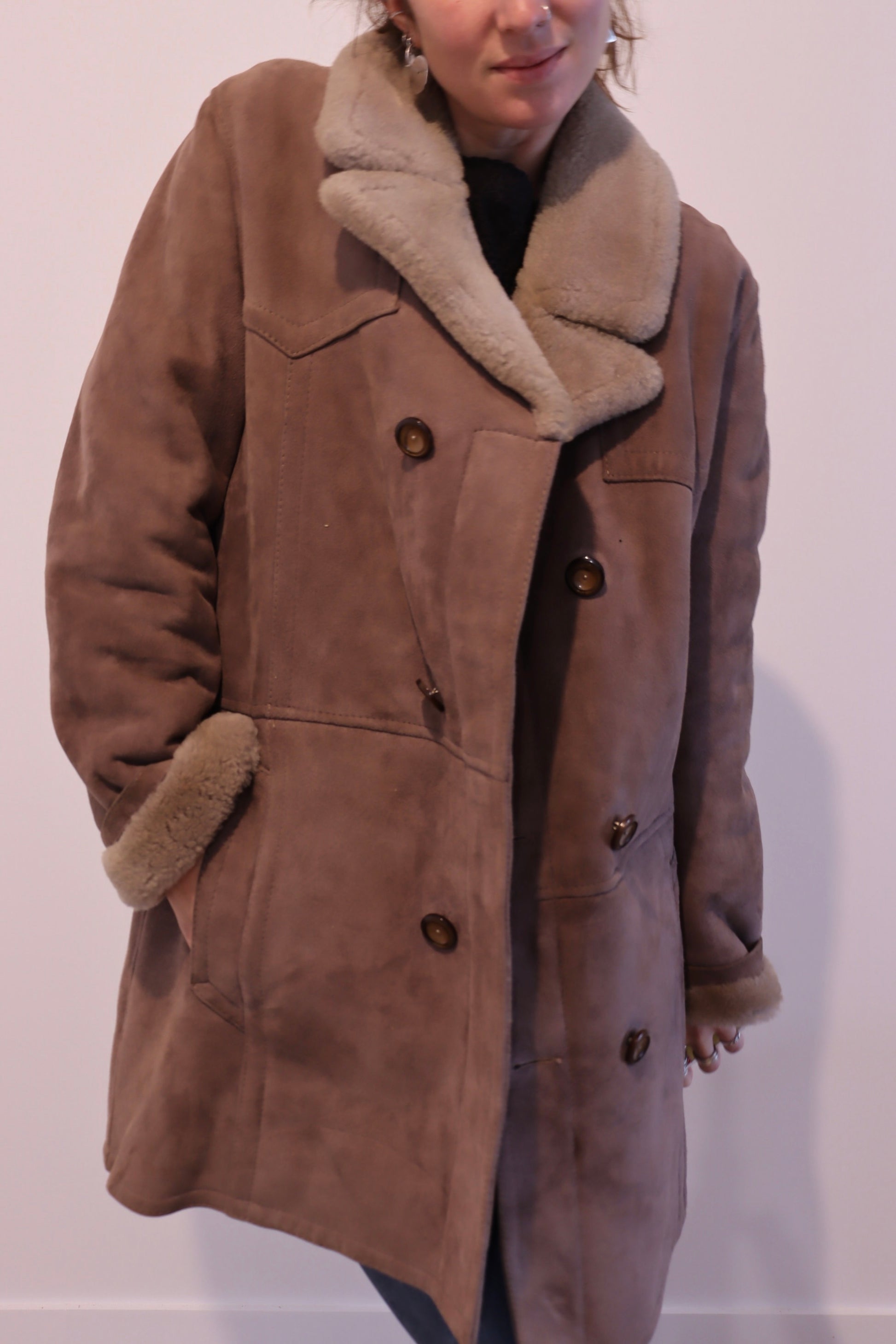Manteau peau lainée vintage marron chocolat la friperie vintage 25