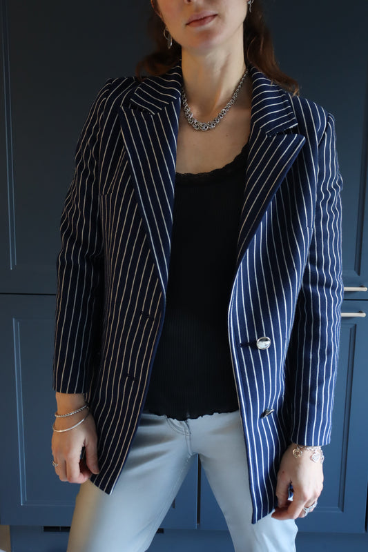 Veste vintage bleu marine à rayures blanches
