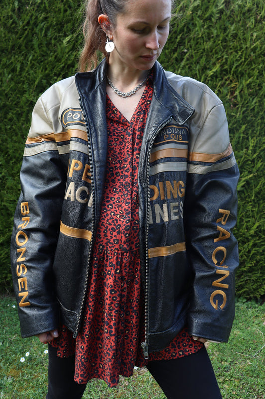Veste en cuir motard brodée IndianaPolis la friperie vintage 25