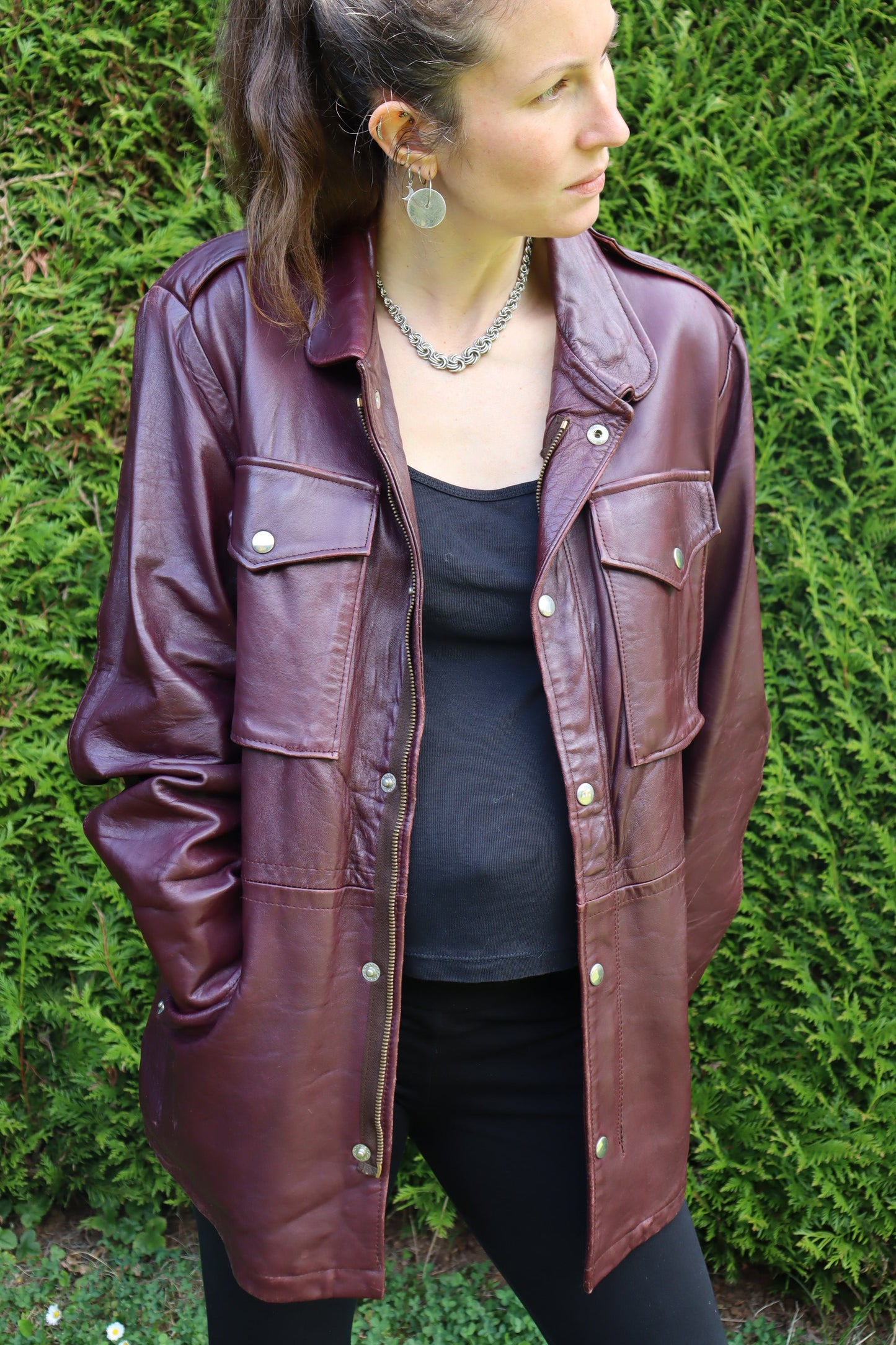 Veste en cuir bordeaux mi longue vintage la friperie vintage 25