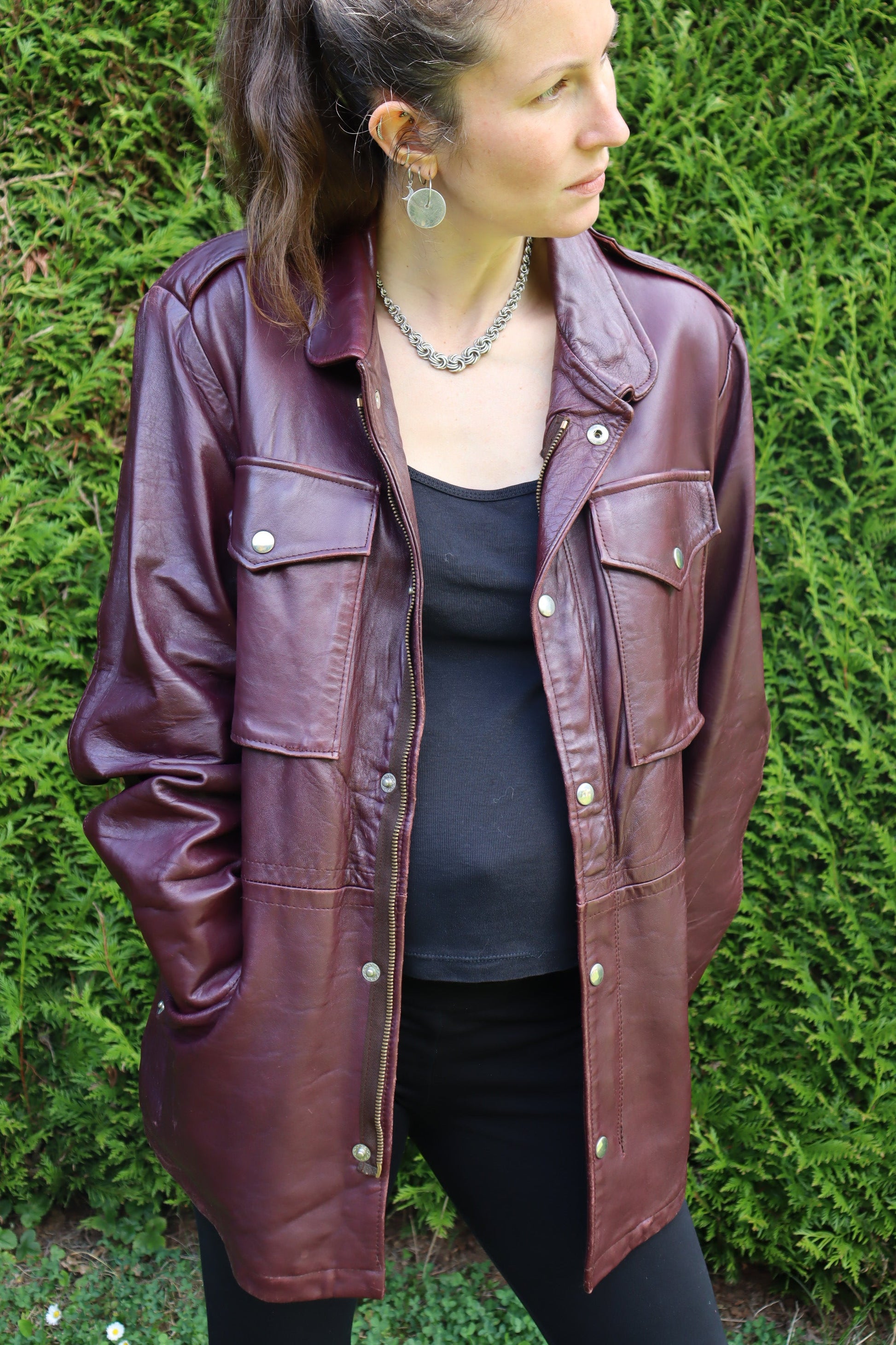 Veste en cuir bordeaux mi longue vintage la friperie vintage 25