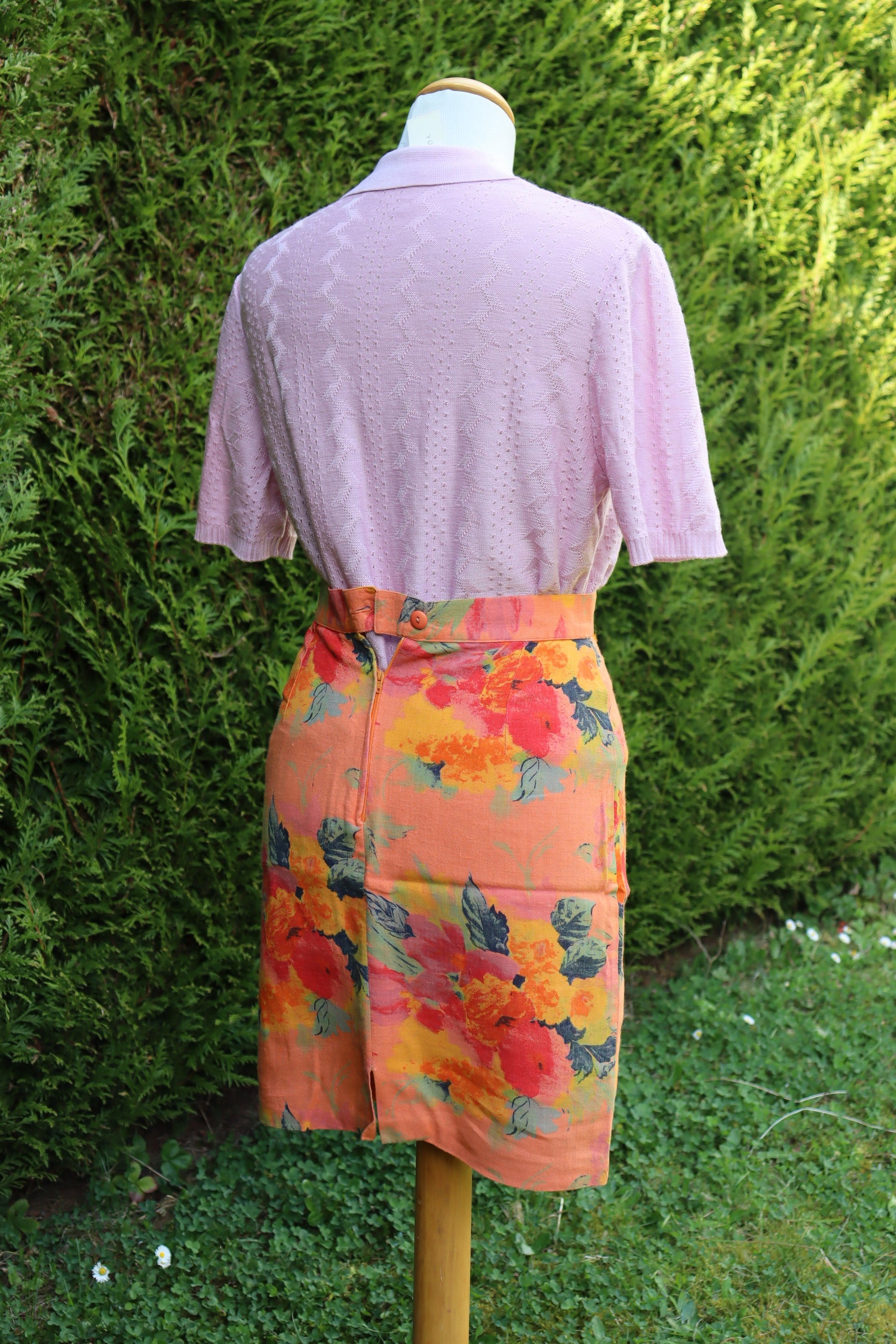 Jupe vintage motifs fleurs orange lin la friperie vintage 25