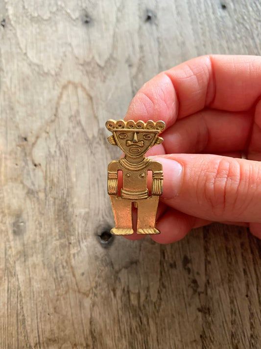 Broche vintage dieu maya métal doré la friperie vintage 25