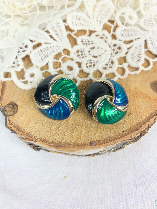 Clips d'oreilles vintage rond émaillés noir bleu vert sur métal argent la friperie vintage 25
