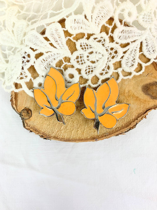 Clips d'oreille vintage feuilles émaillées orange