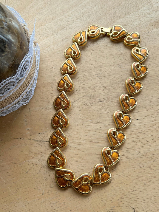 Collier vintage coeurs émaillés orange métal doré la friperie vintage 25