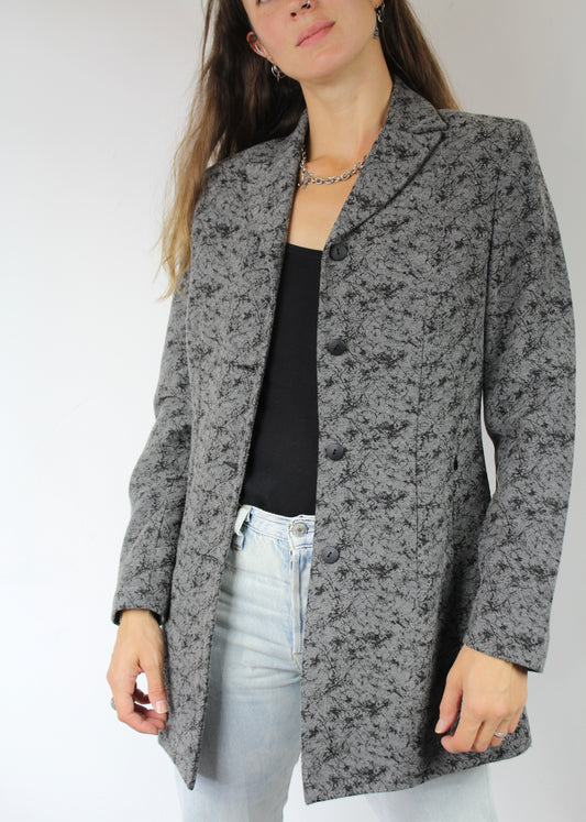 Veste longue vintage grise à motifs noirs la friperie vintage 25