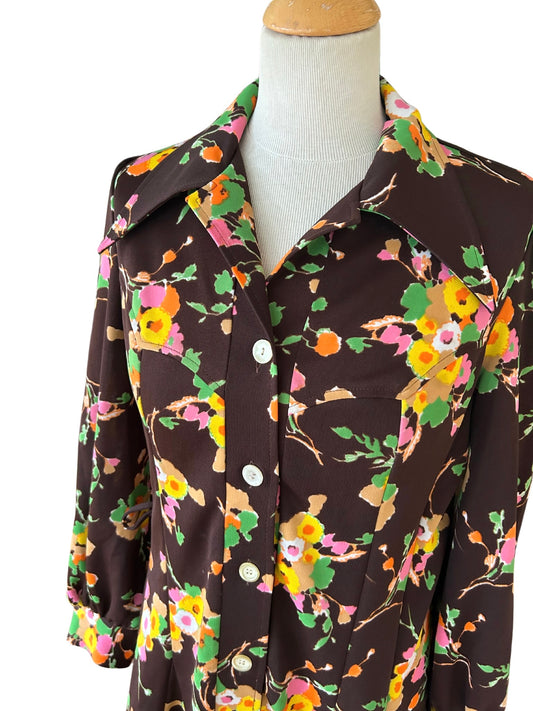 Robe vintage années 70 marron à fleurs la friperie vintage 25