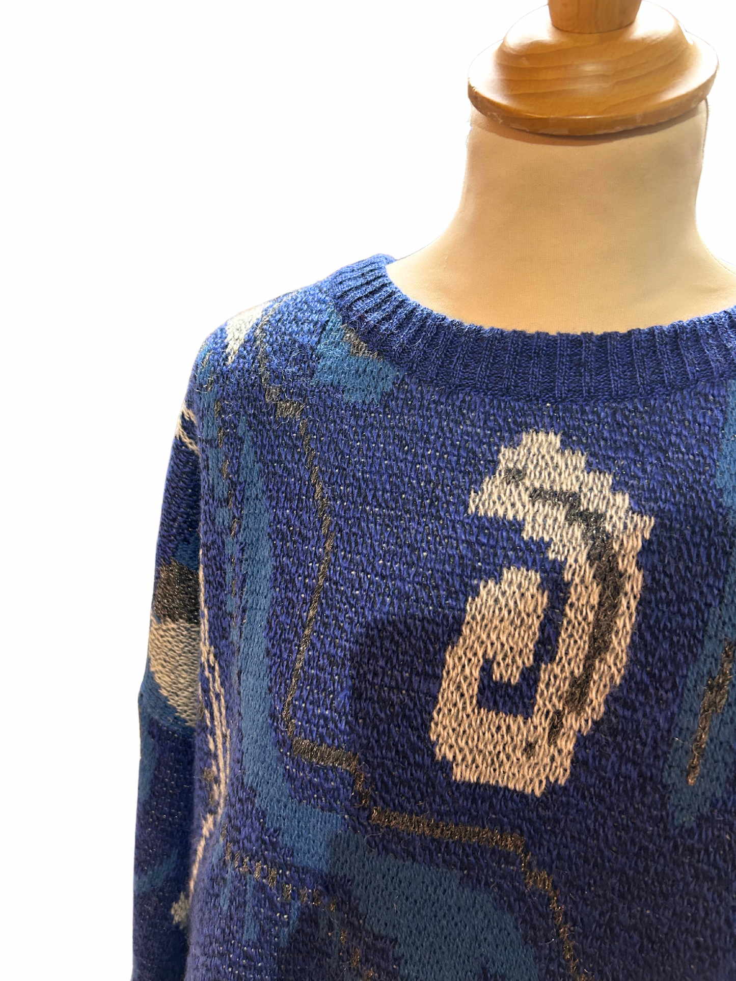Pull over vintage années 80 bleu motifs la friperie vintage 25