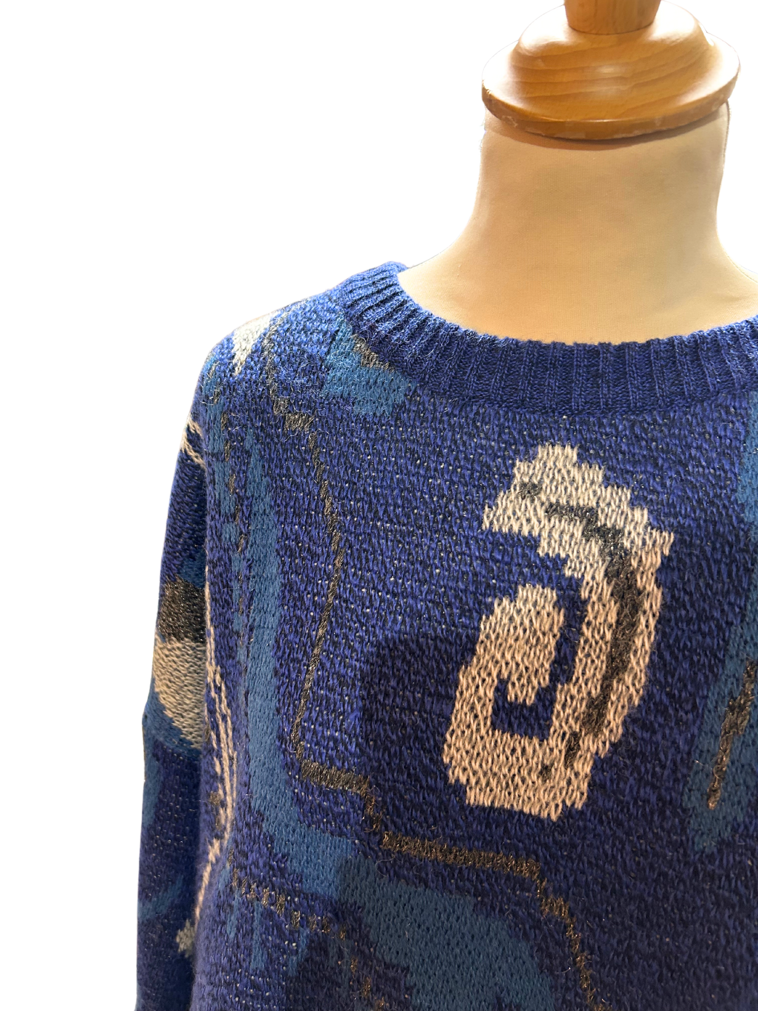 Pull over vintage années 80 bleu motifs la friperie vintage 25