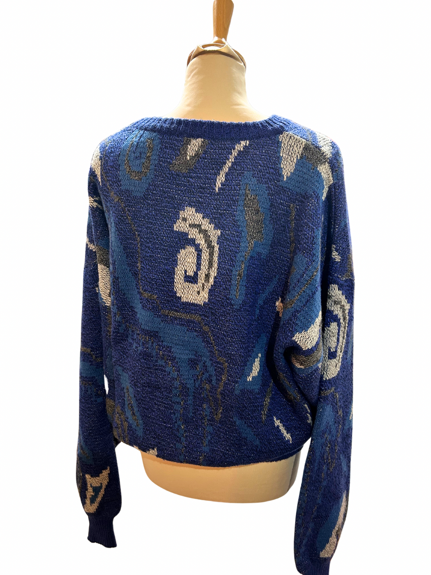 Pull over vintage années 80 bleu motifs la friperie vintage 25