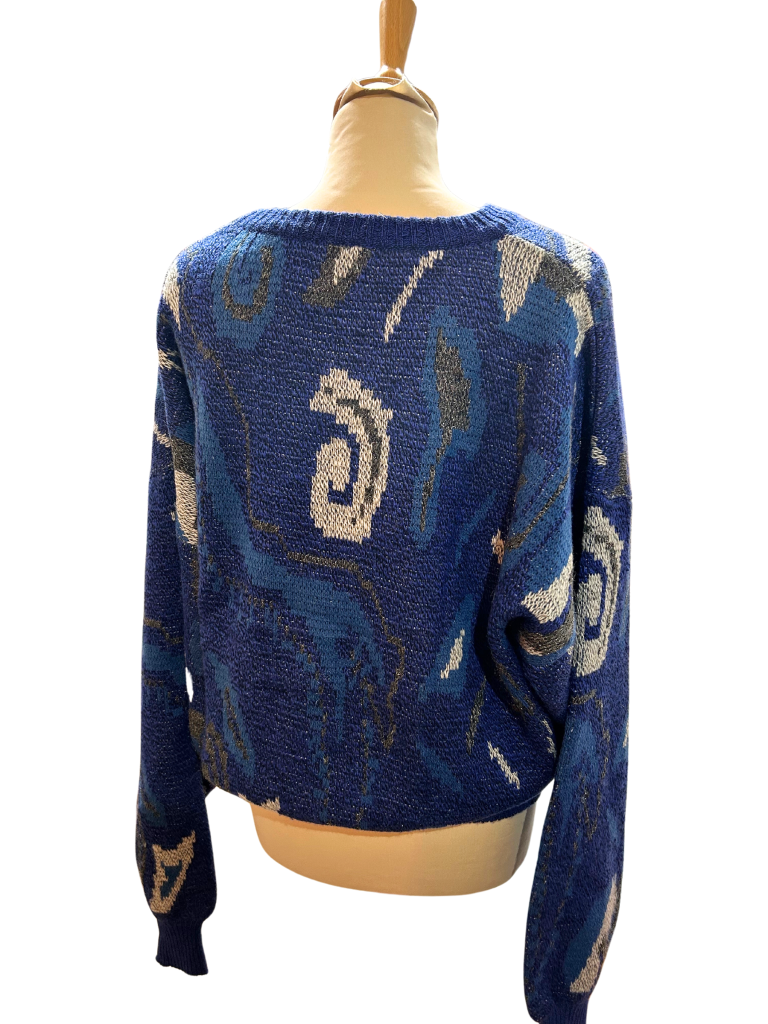 Pull over vintage années 80 bleu motifs la friperie vintage 25