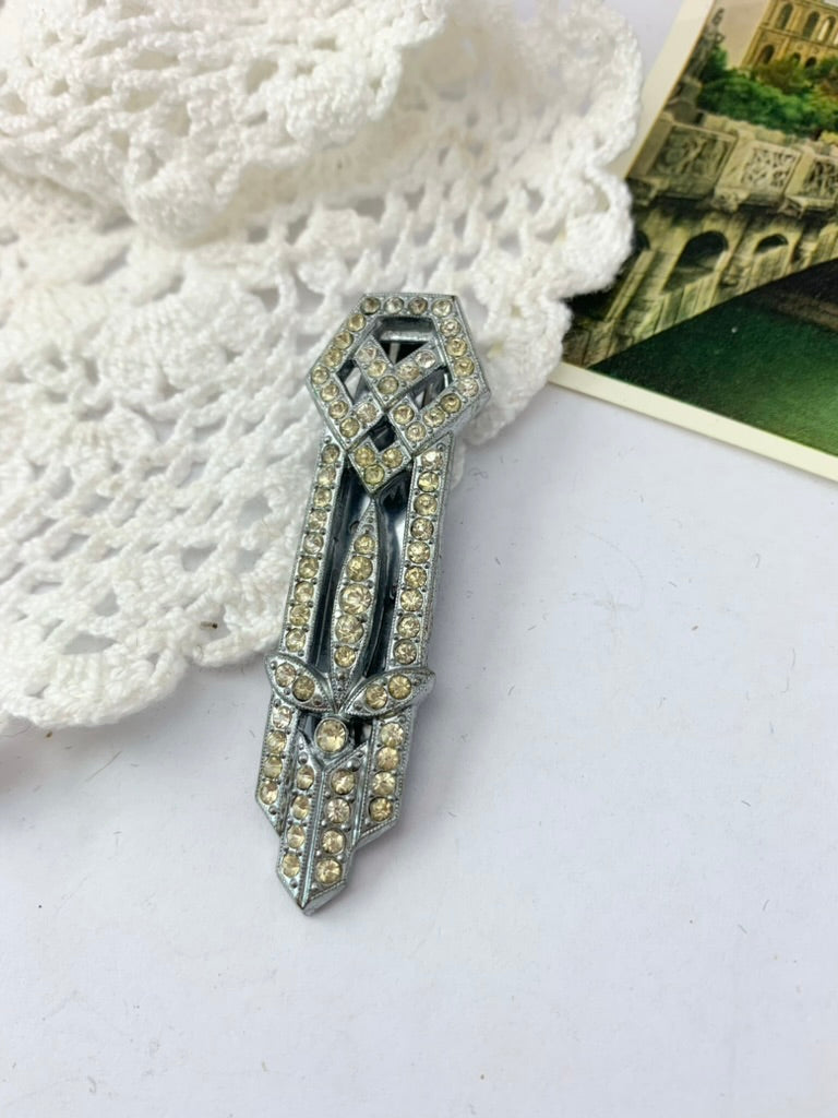 Pince à cravate vintage art déco argenté et strass blancs la friperie vintage 25