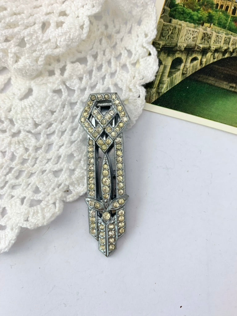 Pince à cravate vintage art déco argenté et strass blancs la friperie vintage 25