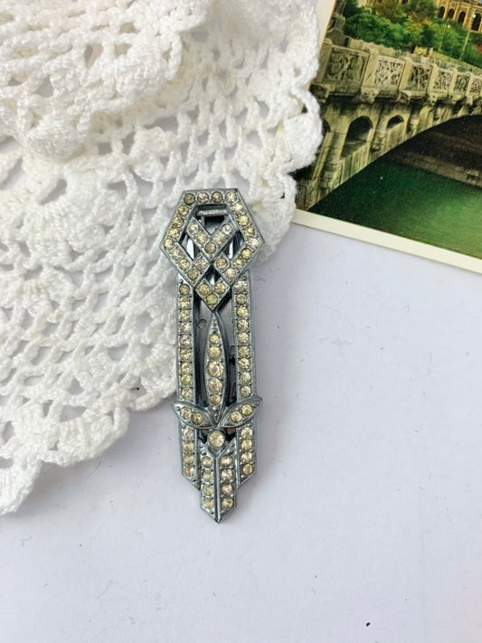 Pince à cravate vintage art déco argenté et strass blancs la friperie vintage 25