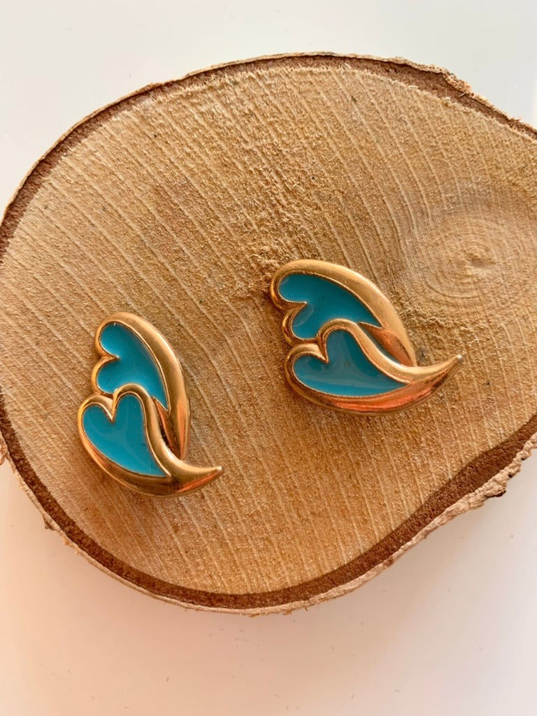 Boucles d'oreilles clips vintage coeurs dorés émaillés bleu turquoise la friperie vintage 25