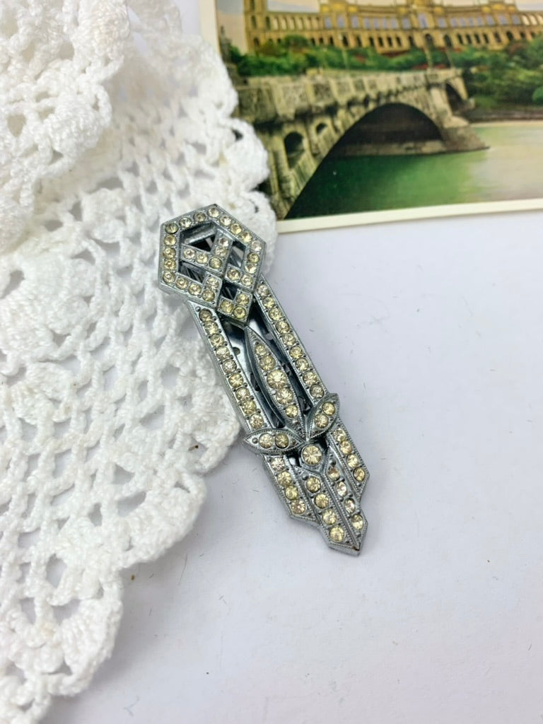 Pince à cravate vintage art déco argenté et strass blancs la friperie vintage 25