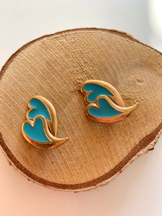 Boucles d'oreilles clips vintage coeurs dorés émaillés bleu turquoise la friperie vintage 25