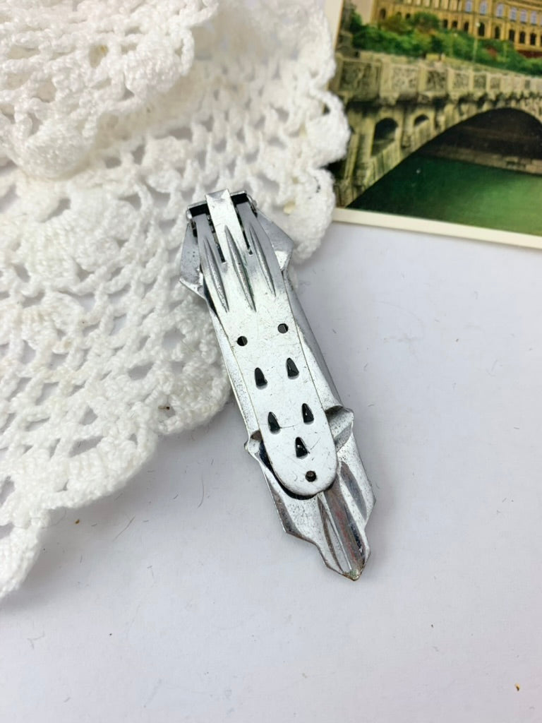Pince à cravate vintage art déco argenté et strass blancs la friperie vintage 25