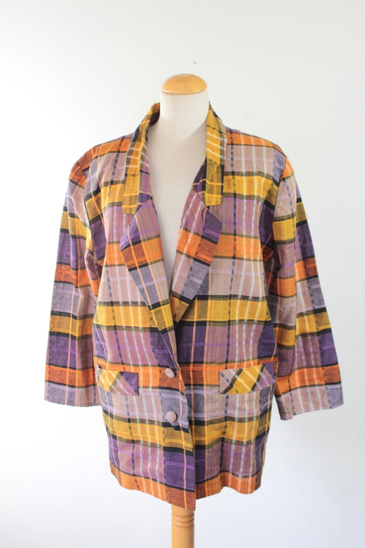 Veste légère vintage à carreaux violet orange La friperie vintage