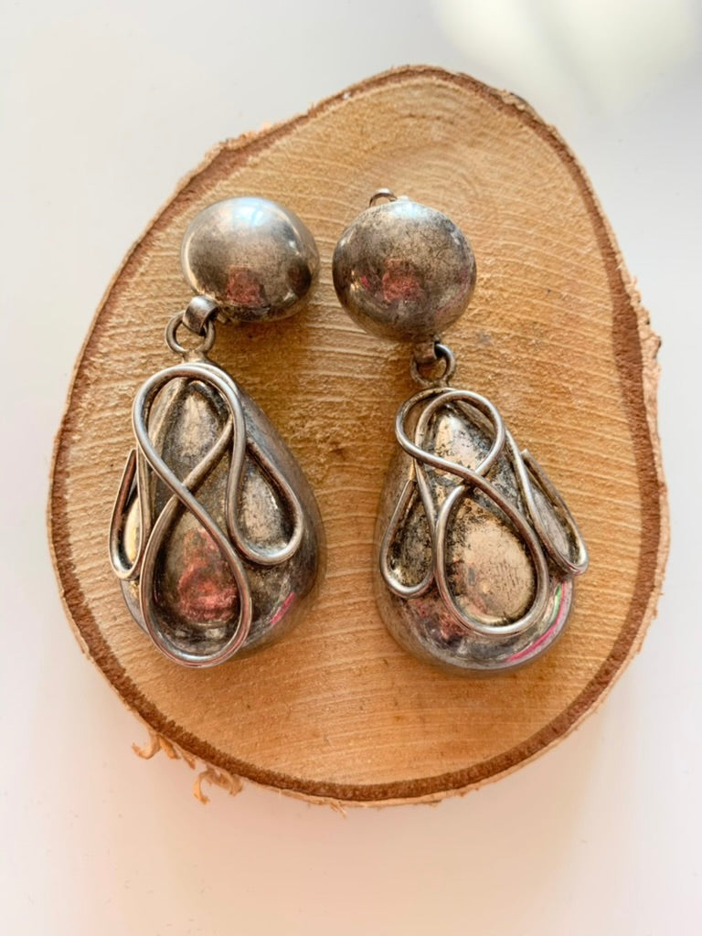 Boucles d'oreilles clips vintage pendantes goutte argenté