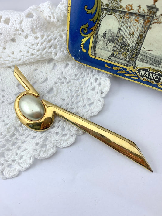 Grande broche vintage métal doré et cabochon nacré P&M la friperie vintage 25