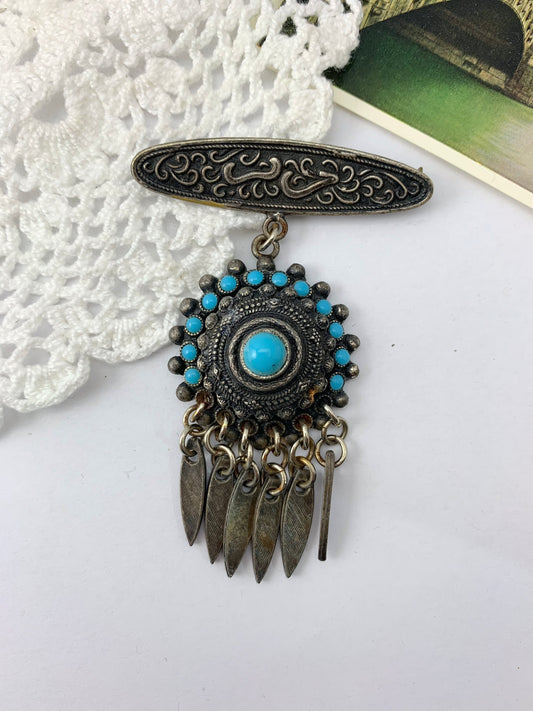 Broche ancienne ethnique métal argenté turquoise pampilles la friperie vintage 25