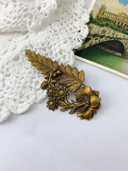 Broche vintage fleurs et feuille métal bronze la friperie vintage 25