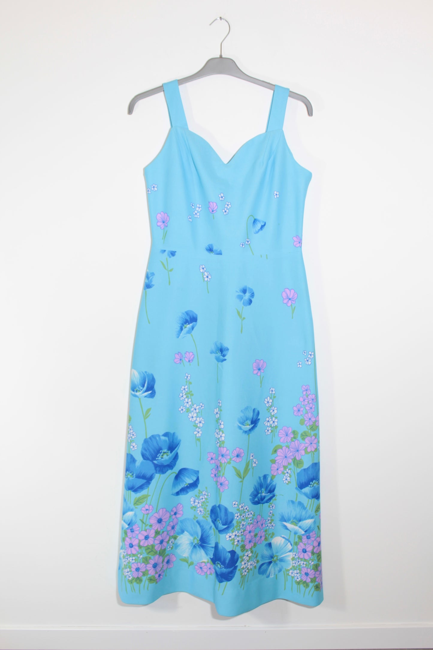 Robe longue vintage bleu ciel motifs fleurs années 70 la friperie vintage 25