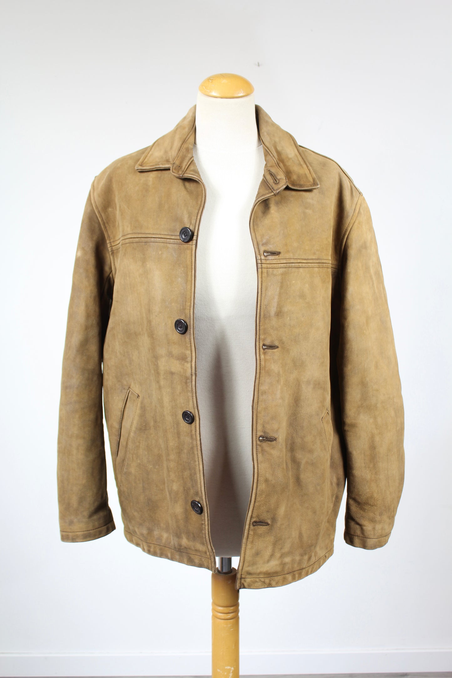 Veste Chevignon vintage cuir marron clair doublée laine carreaux écossais la friperie vintage 25