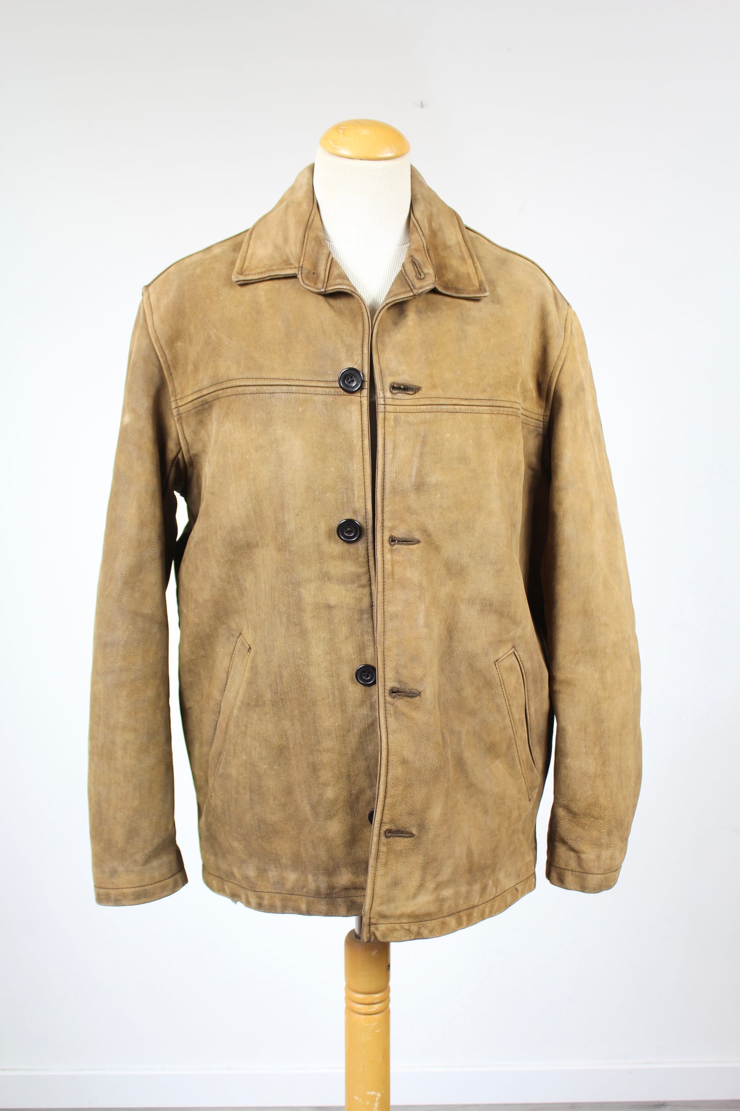 Veste Chevignon vintage cuir marron clair doublée laine carreaux écossais la friperie vintage 25
