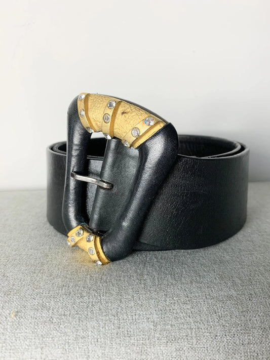 Ceinture vintage en cuir noir boucle dorées strass - la friperie vintage 25