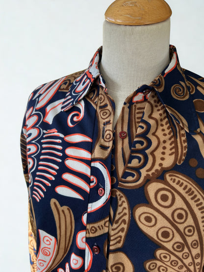 Chemisier vintage motifs graphiques bleu marron