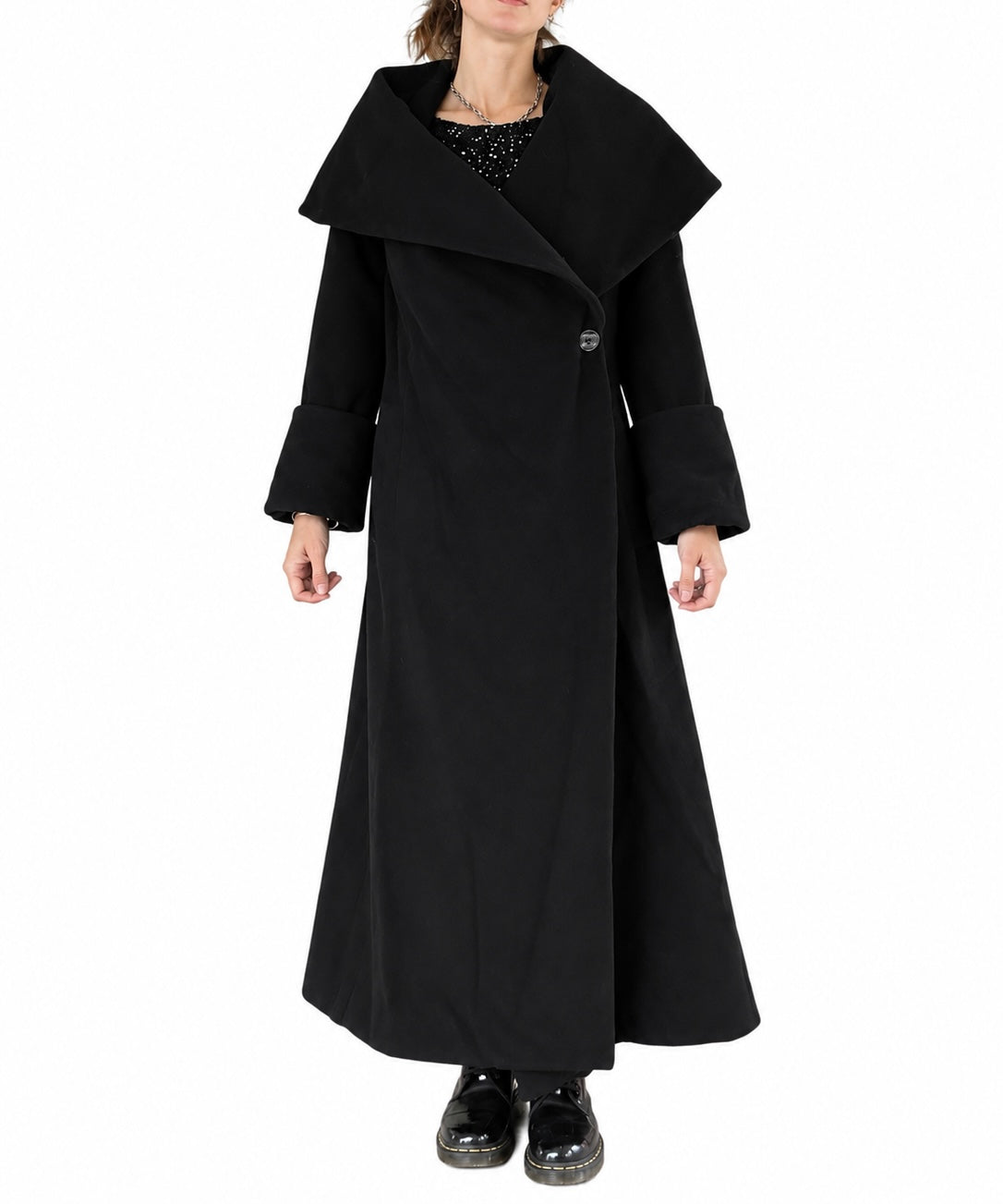 Manteau long vintage noir col châle oversize