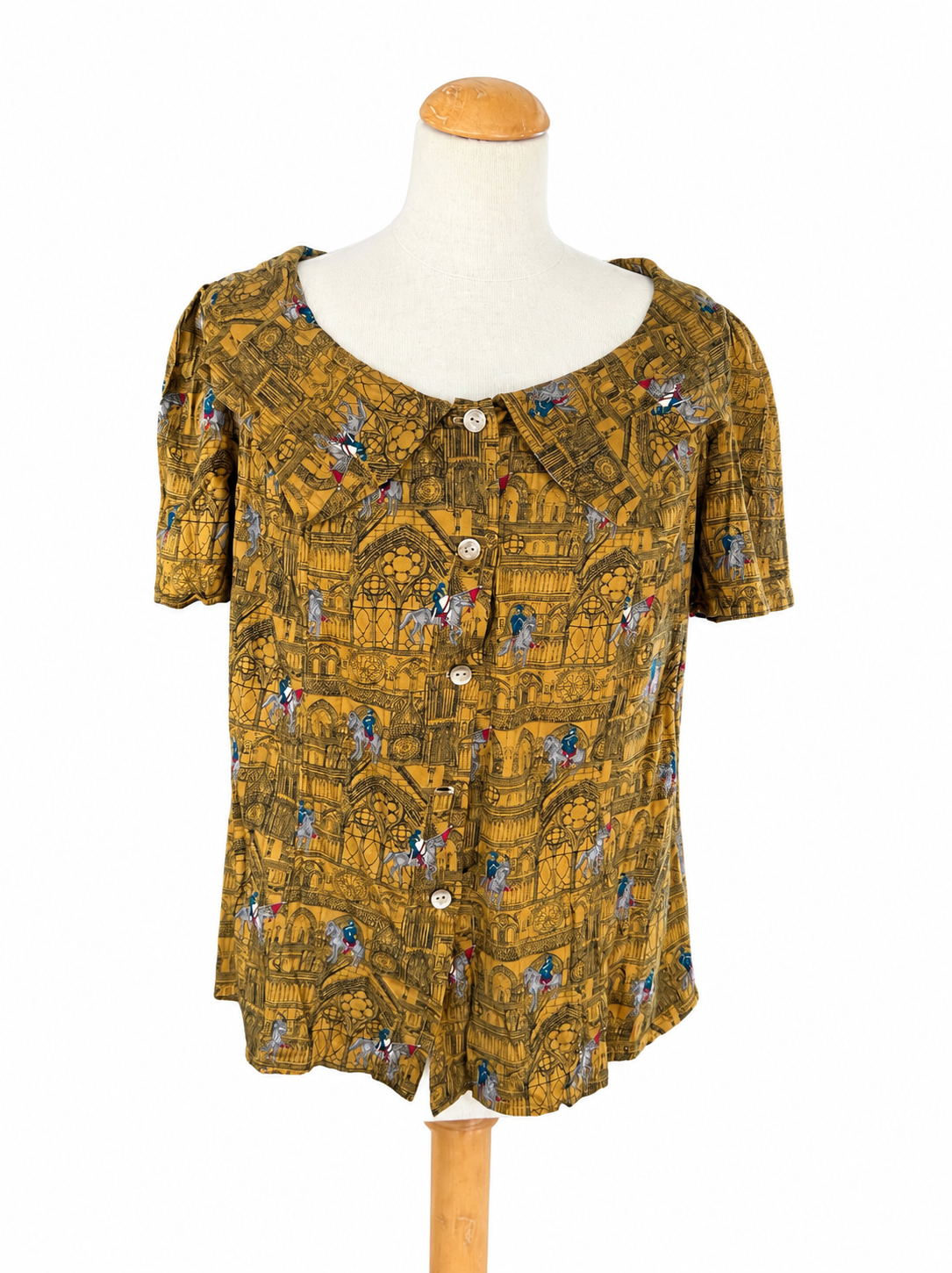 Blouse vintage imprimé médiéval moutarde