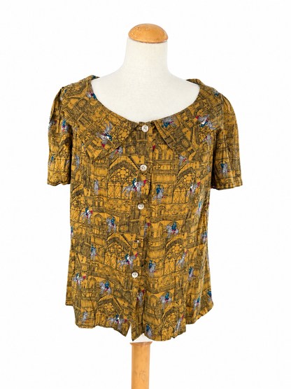 Blouse vintage imprimé médiéval moutarde