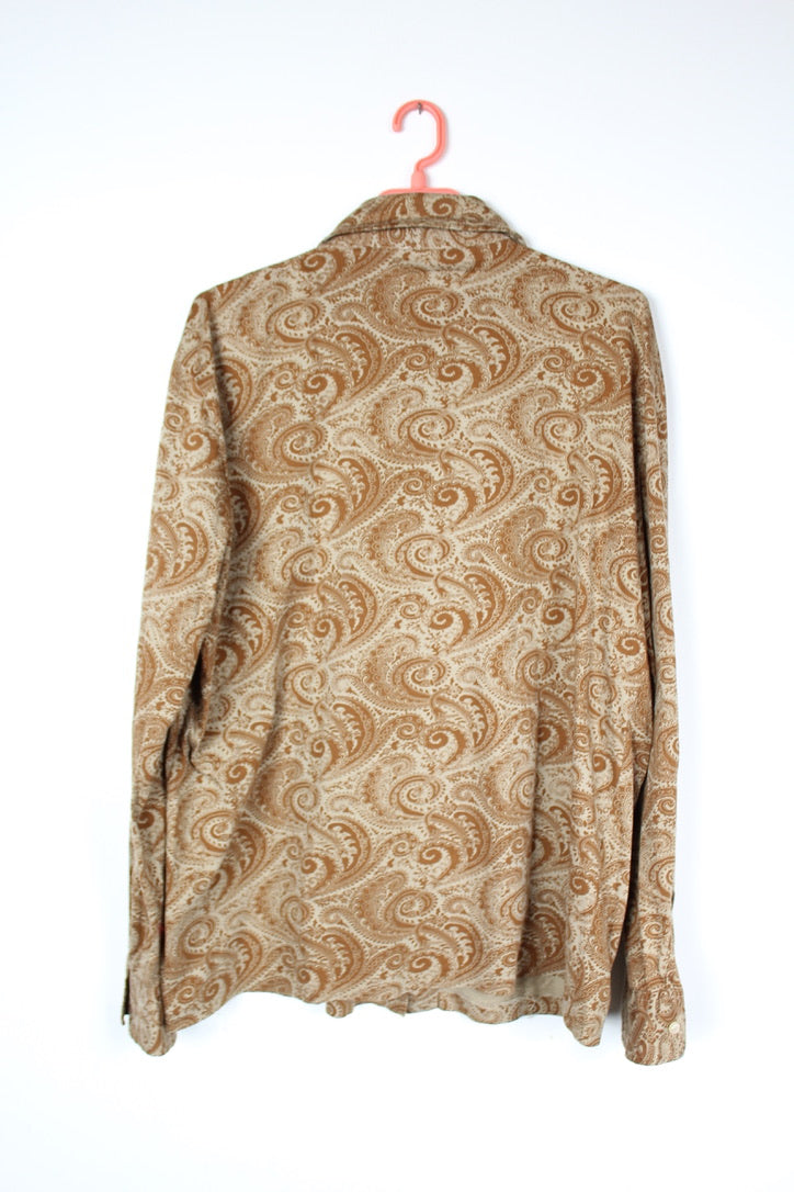 Chemise vintage beige à motifs marron foulard en coton