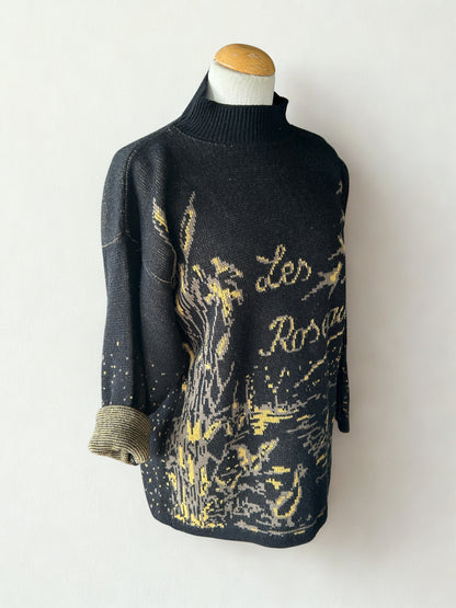 Pull vintage col montant motif oiseaux